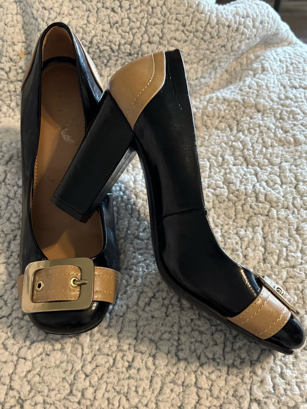 RIALTO Pumps Heels Shoes Beacon Black‎ Tan Block 4” Heel Buckle Size 7.5 7 1/2